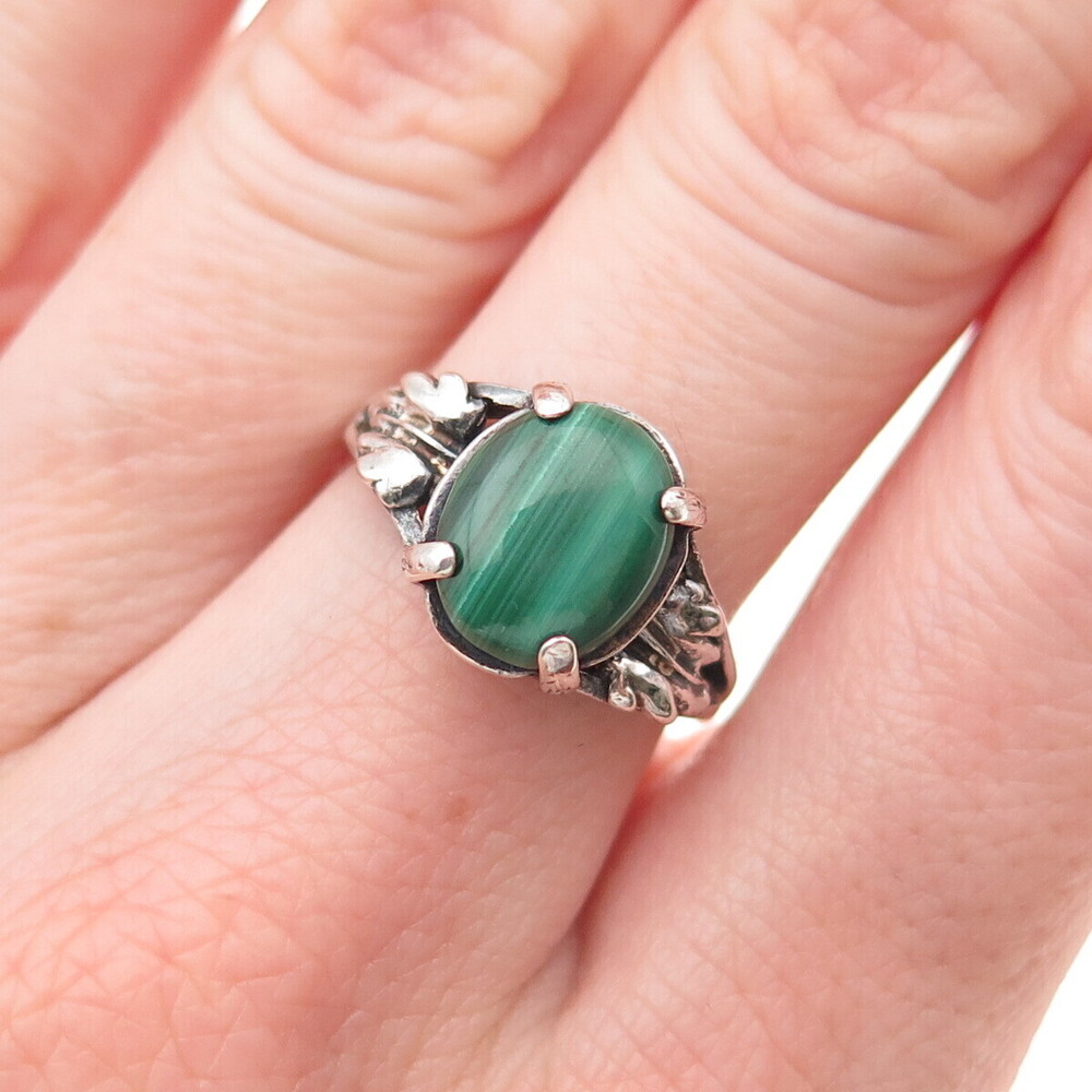 Tommy Long 925 Sterling Silver Vintage Real Malachite Floral Ring Size 6.75